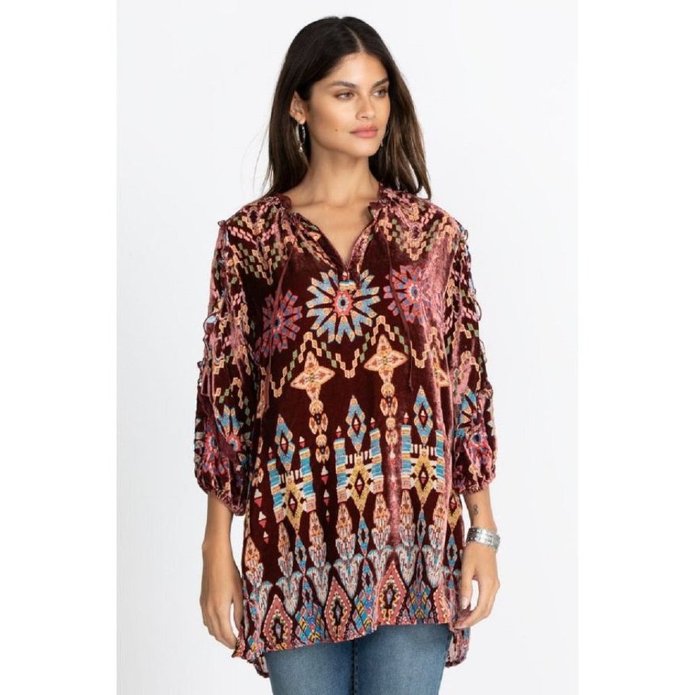 Johnny Was Geo Burnout Mali Tunic Top Shirt Burgundy Tribal Velvet Brown NEW